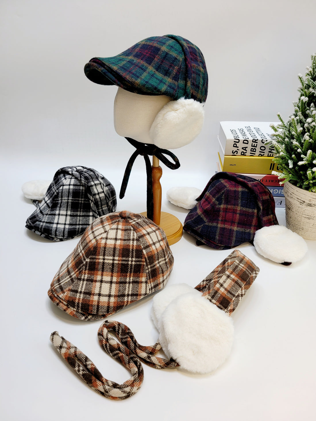 Wool English Flat Cap, Baker Boy Hat, Winter Newsboy Hunting Cap with Matching Ear Muff