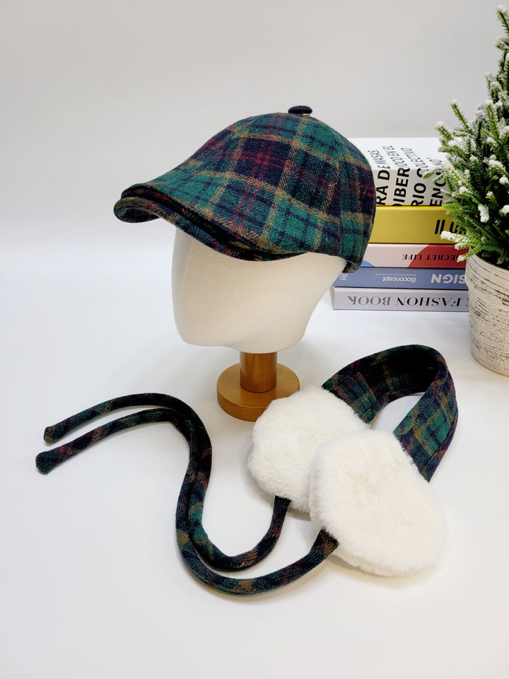 Wool English Flat Cap, Baker Boy Hat, Winter Newsboy Hunting Cap with Matching Ear Muff