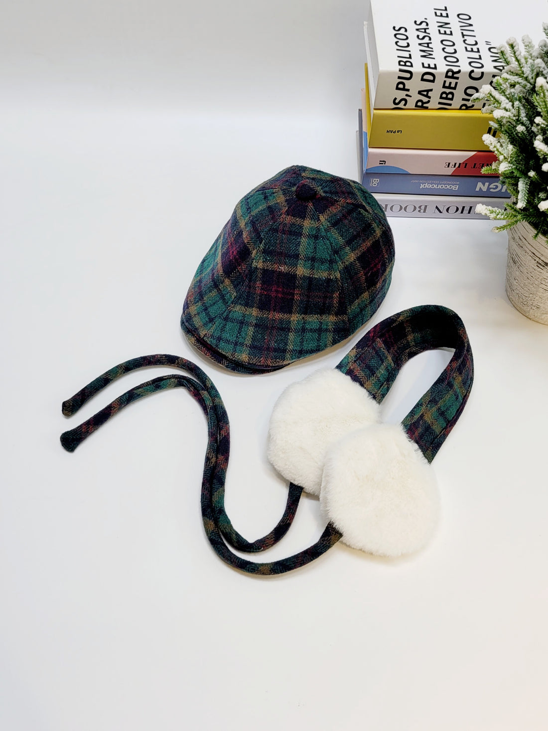 Wool English Flat Cap, Baker Boy Hat, Winter Newsboy Hunting Cap with Matching Ear Muff